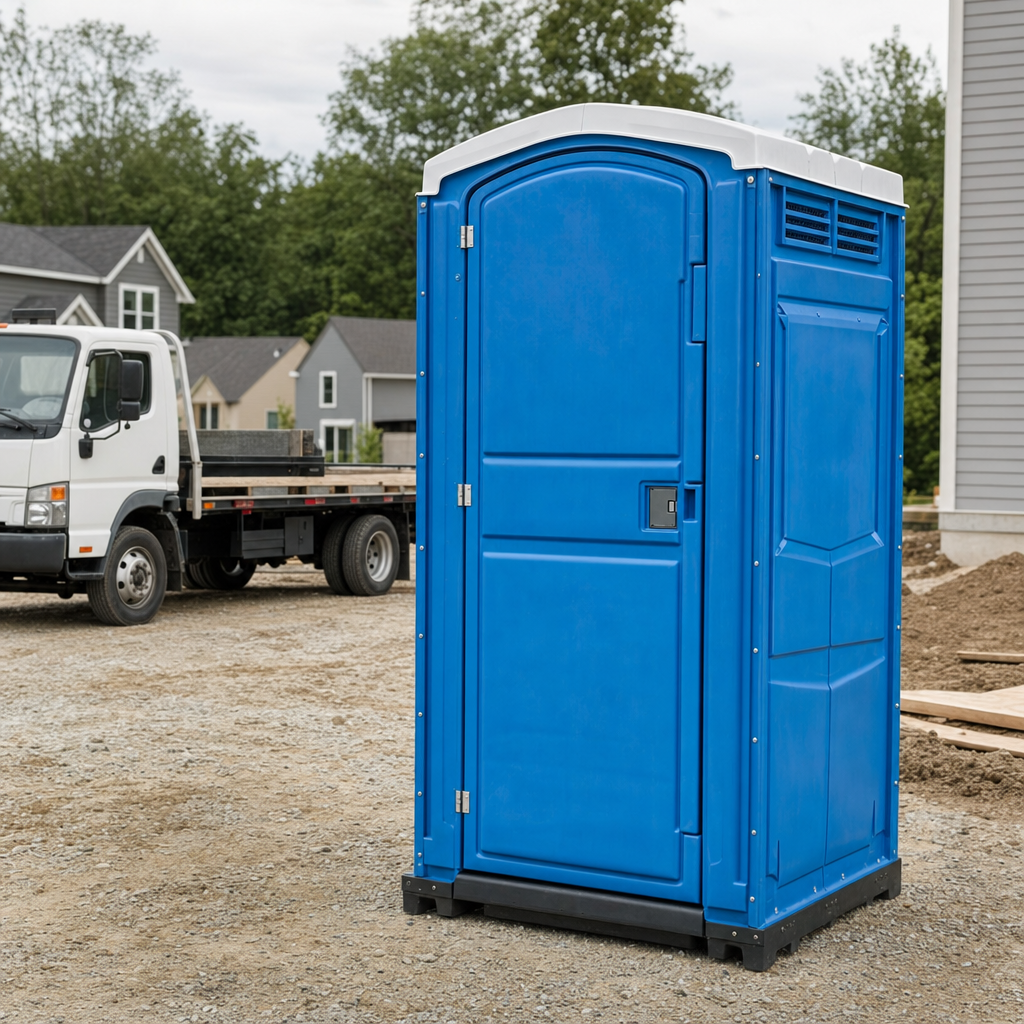 Delivery driver positioning a clean royal-blue portable toilet on level ground at a Santa Rosa worksite