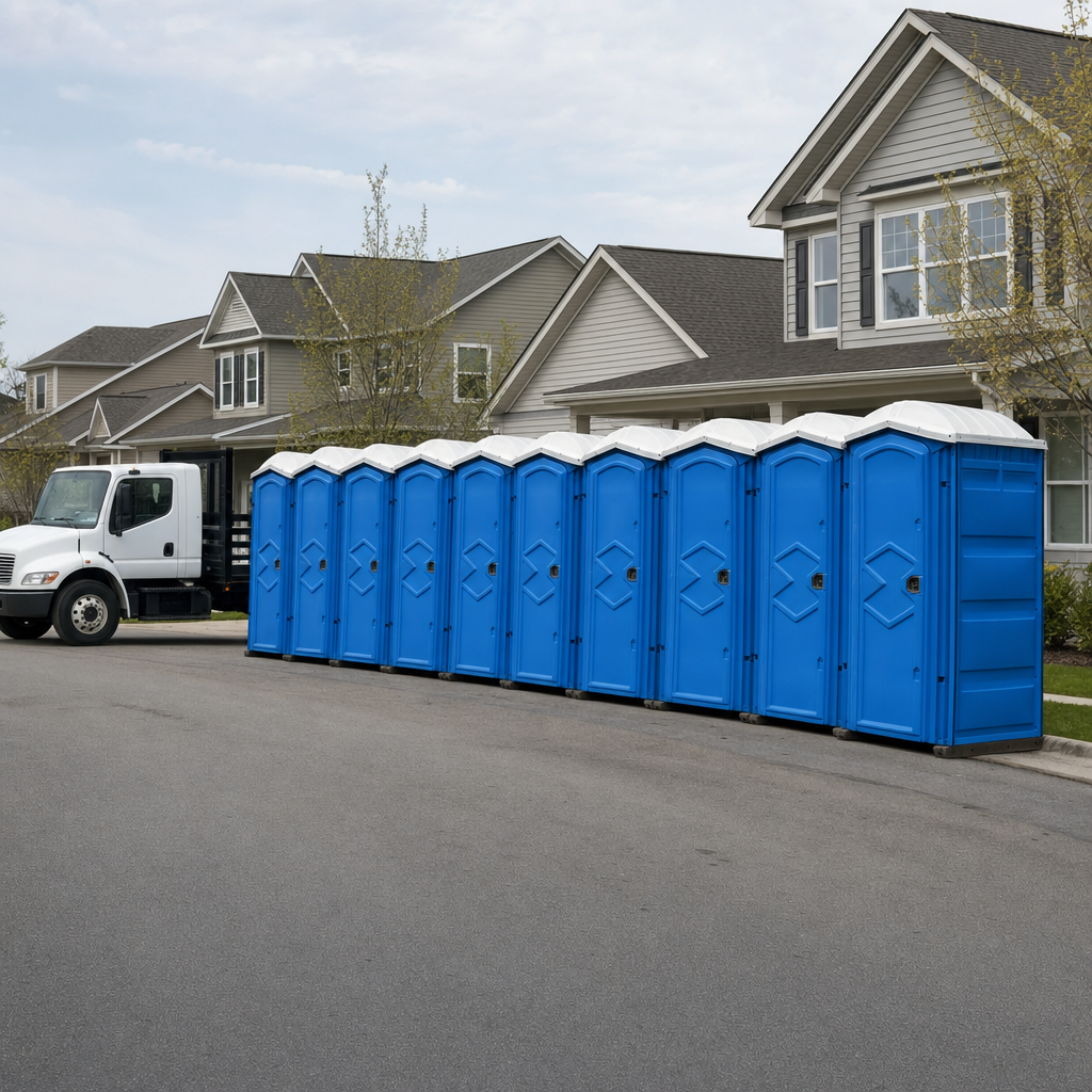 Royal blue portable toilets staged in a tidy row at a Santa Rosa jobsite, ready for delivery